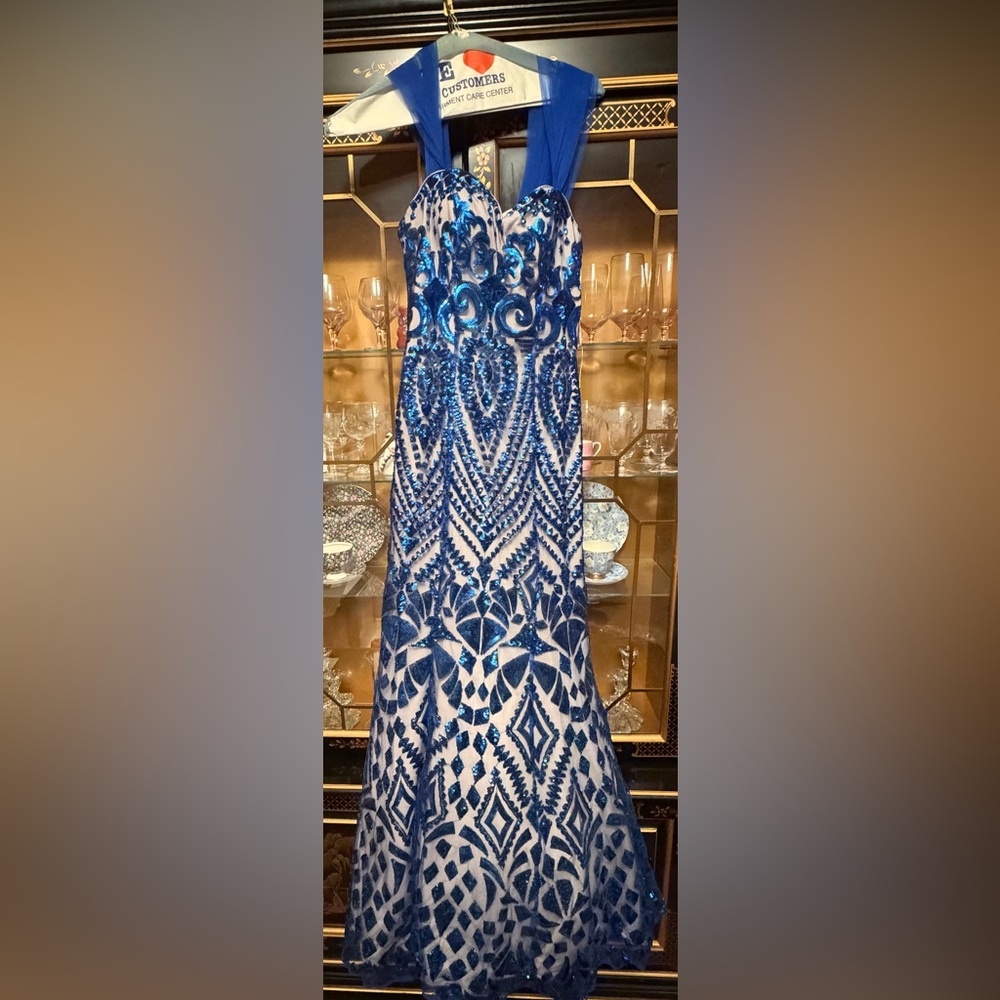 Royal Blue Embellished Mesh Prom Dress by
